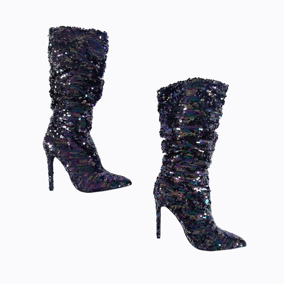 Liliana Shoes - Purple Hologram Sequin Stilettos 8 Slouchy Metallic Glitchy Glam Y2K Party Rave
